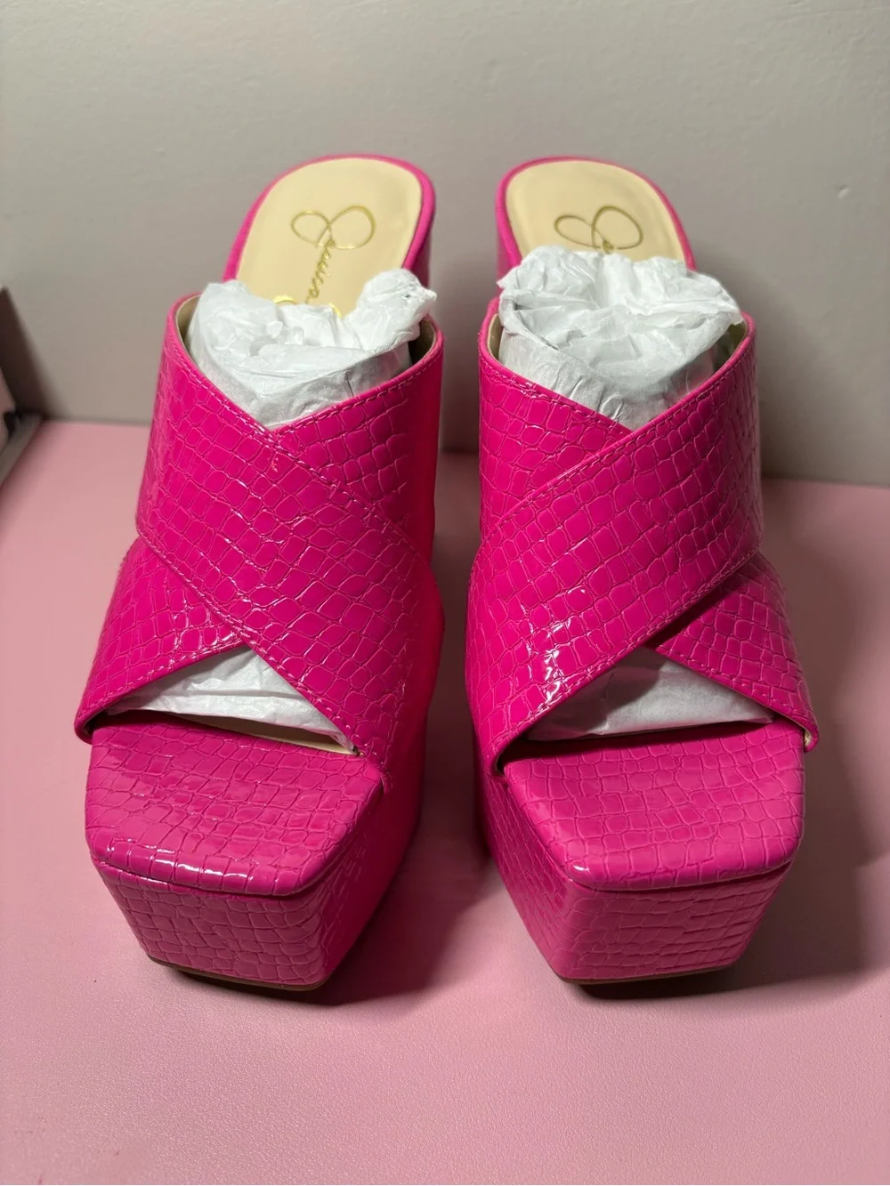NIB Jessica Simpson Basima Bright Pink Sydney Croco Platform Mule Heels